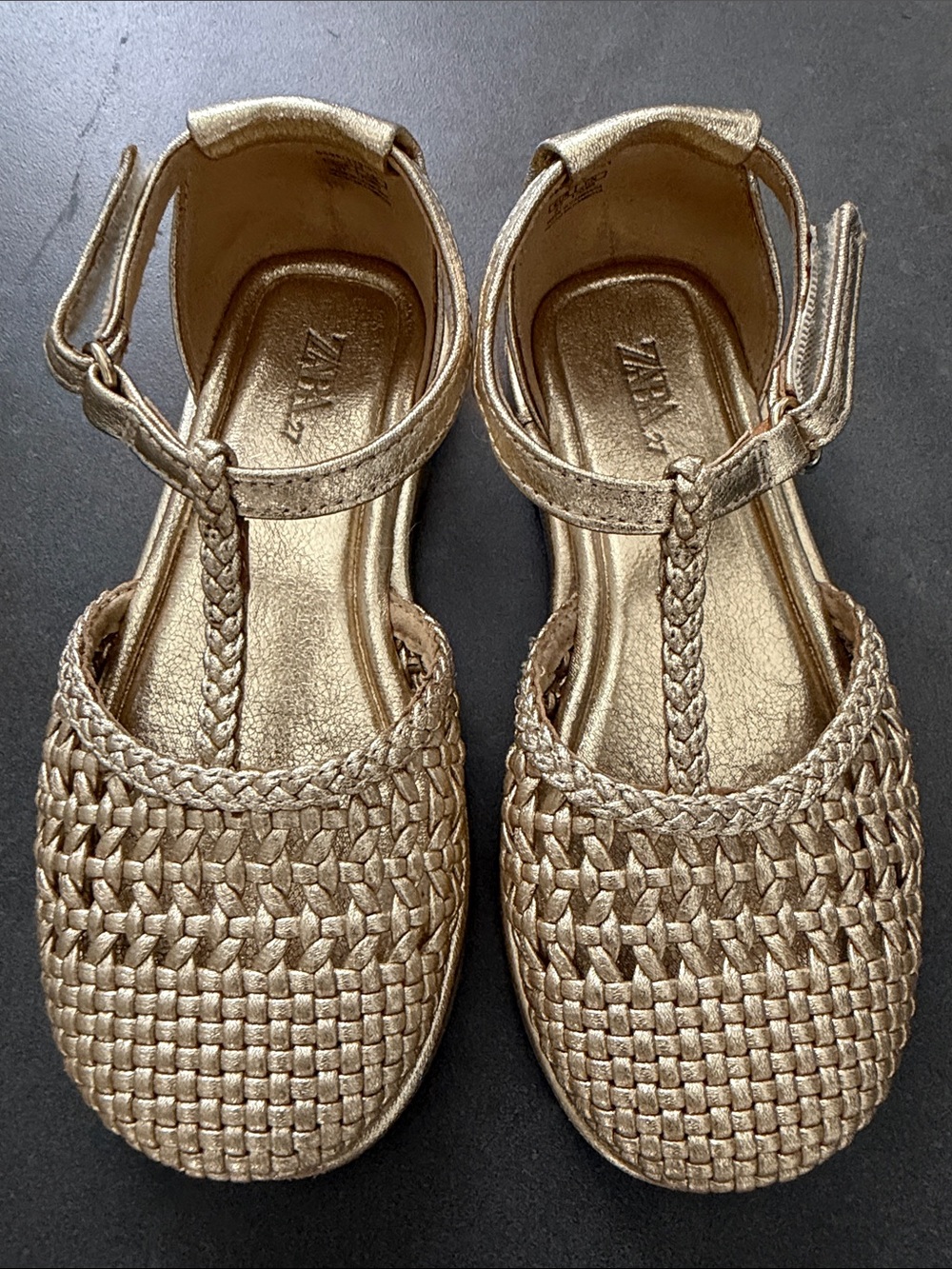 Zara Girls Gold Woven T-Strap Sandals
